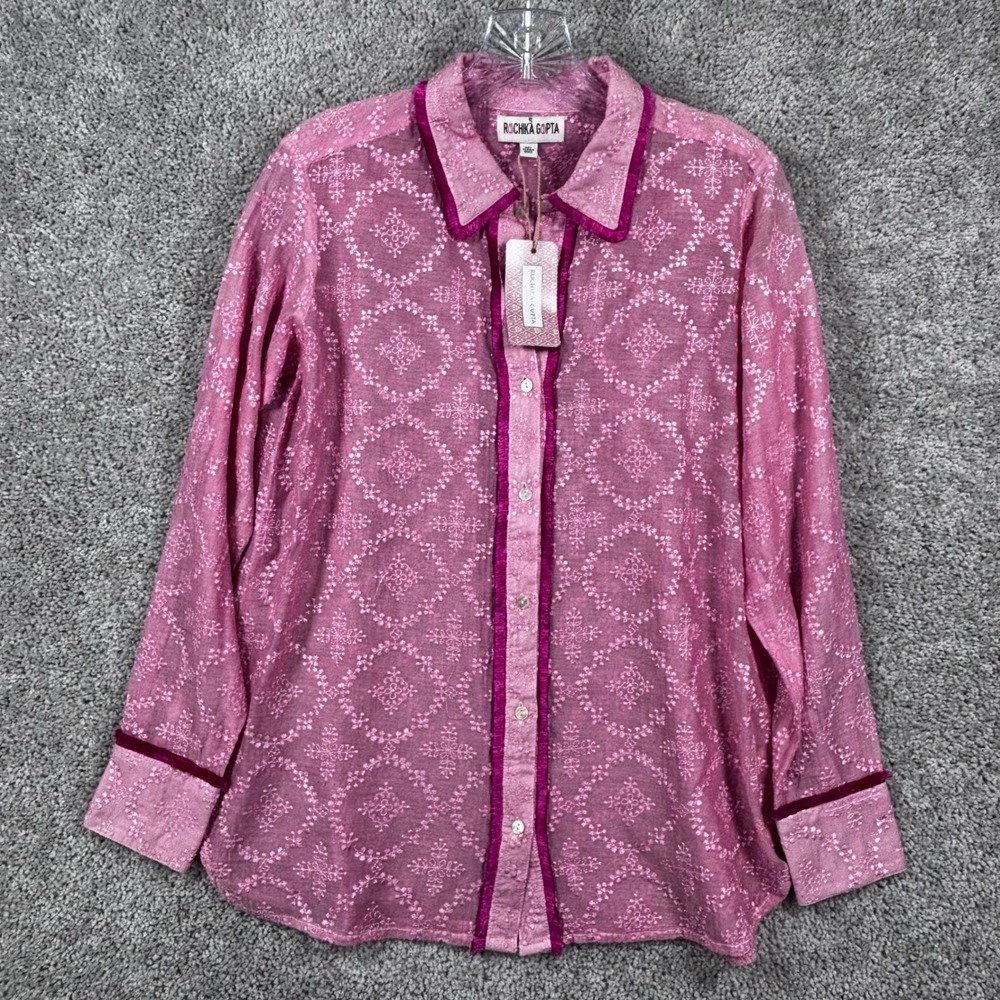 Ruchika Gupta Womens Pink Embroidered Button Up Shirt Velvet Trim Size M New